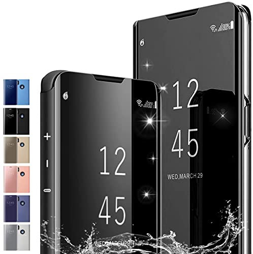 PingGoo Case for iPhone XR, Flip Plating Mirror Case with Stand Function,PC/PU Translucent Clear View ShockProof Phone Protective Case Cover for iPhone XR, Black