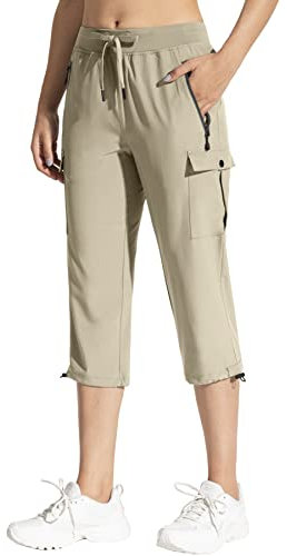 MOCOLY Pantalon Jogging Cargo 3/4 Femme Pantacourt Randonnée été Leger Pantalon Court Sport à Taille élastiquée Pantalon Corsaire Extérieur à Poche Zippée Kaki S