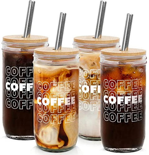 Mason Life 24 oz Wide Mouth Mason Jar Trinkgläser mit Bambusdeckel und Edelstahlstrohhalm, 4 stück