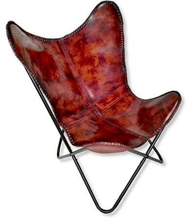 DARO DEKO Echt Leder Stuhl Butterfly braun 75 x 93cm Lounge-Sessel Schmetterling Loungestuhl Relaxsessel