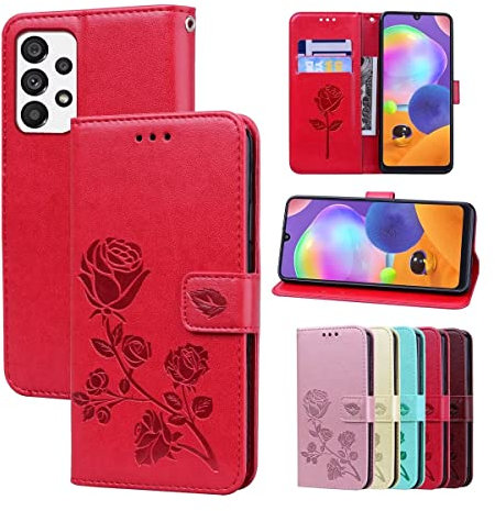 RankOne Étui Portefeuille en Cuir pour Samsung Galaxy A13 4G (6.6 inches), avec Porte-Cartes Rose Pattern Design Cover Coque Housse Case - Rouge