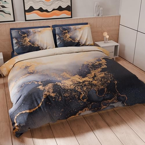 PETTI Artigiani Italiani - Set Copripiumino Matrimoniale 250x200 cm (2 Federe 50x80 cm Incluse), Parure Copripiumino Morbida Microfibra con Stampa Digitale - Made in Italy - Marble Blus