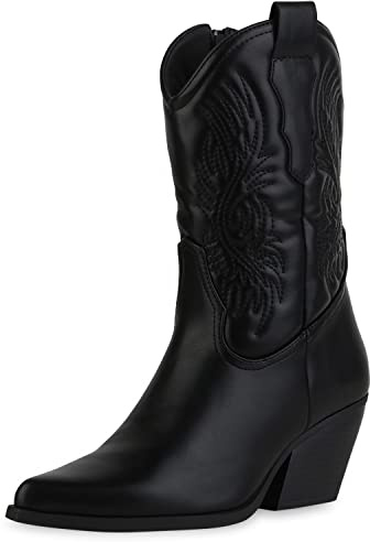 VAN HILL Damen Stiefeletten Cowboy Boots Schuhe Holzoptikabsatz Freizeit Stiefel Spitze Stickereien Western Booties 211807 Schwarz 37