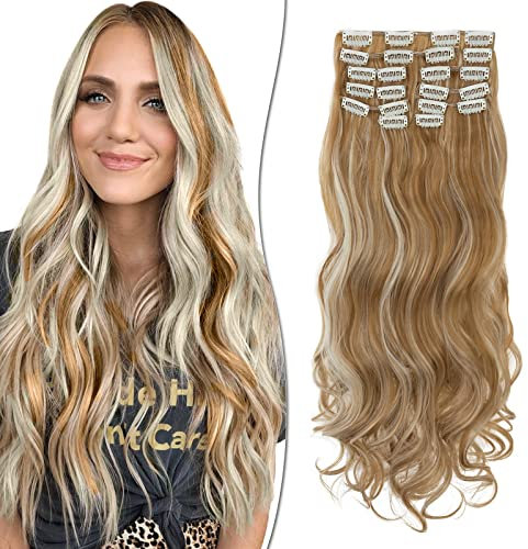 SEGO 55cm Clip in Extensions 12 Teiliges SET 22 Clips wie Echthaar Haarverlängerungen Haarteile Gewellt günstig für Voller Kopf 180g Honigblond & Bleichblond