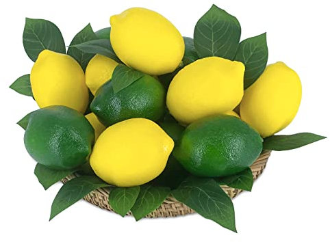 48 Pcs Fake Zitronen deko Künstliche Früchte Lemon mit Blättern, Faux gelbe Zitronen Dekor Realistische Fake Obst Zitronen für Schalen Dekor Tisch Centerpieces Sommer Zitronen Dekorationen Party