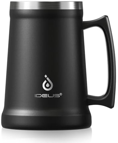 Ideus Boccale da birra isolato, in acciaio inox, a doppia parete, gigante, da bar, con manico grande (710 ml, nero)