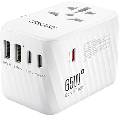 LENCENT Internationaler Reiseadapter, 65W GaN3 Universeller Adapter mit 2 USB A+3 Typ C PD, Weltweiter Stromadapter für Handys, Laptops, All in One Reisestecker für EU/USA/UK/AU Steckdosen, Weiß