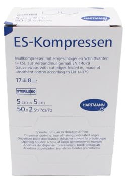 Hartmann ES 4019000 - Compresas de gasa estériles (5 x 5 cm, 17 capas, 8 capas, 1 paquete = 50 x 2 unidades)