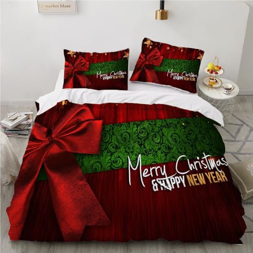YASMENG Bettwäsche Weihnachten 155x220 Wintermotiv Rot Grün Geschenk Bettwäsche Weich Mikrofaser Bettwäsche 3 Teilig für Jugendliche Kinder Zimmer Deko mit Reißverschluss und 2 Kissenbezüge 80x80 cm