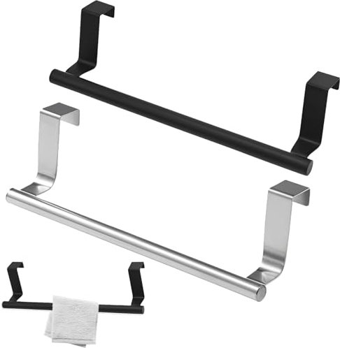 2 PCS Over Door Towel Rail No Drilling Towel Rack Rails Door Hanging Kitchen Towel Rail Tea Towel Holders for Kitchens Towel Holder Over Door Extendable Over the Door Towel Rail(Sliver+Black)