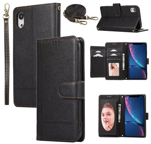 Beajew Kompatibel mit iPhone XS Max Hülle, mit Spiegel, Premium Qualität Leder Handyhülle, Flip Wallet Handyhülle PU Leder Case Kartensteckplätzen Schutzhülle - Schwarz