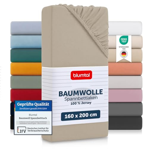 Blumtal® Baumwolle Spannbettlaken 160x200x30cm Basics Jersey - Bettlaken Oeko-TEX zertifiziertes Spannbetttuch 160x200cm - Taupe