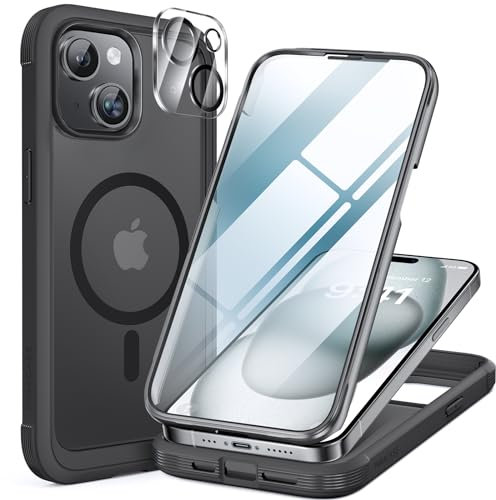 Miracase Magnetic Case for iPhone 15 Plus Case 6.7-Inch, Full Body Bumper Case Compatible with MagSafe and Built-in 9H Tempered Glass Screen Protector + Camera Lens Protector (Matte Black)