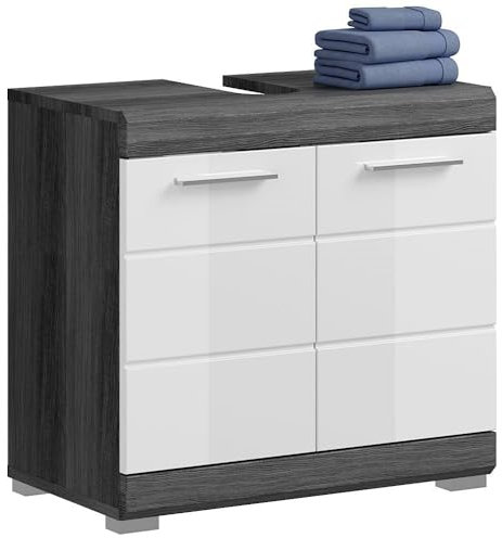 Lomadox Waschbeckenunterschrank Waschtischunterschrank Badezimmerschrank Schrank Gäste WC modern in Hochglanz weiß mit grau