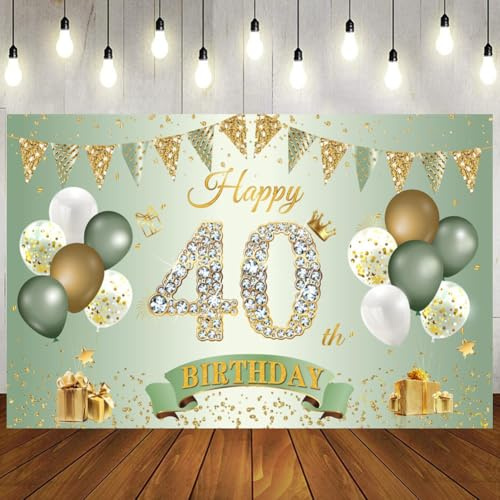 Banner Happy 40th Birthday, Salbeigrün und Gold, 1,1 x 1,8 m, Happy Birthday Hintergrund Banner zum 40. Geburtstag, Dekoration für Damen und Herren, 40 Jahre alt, Geburtstag, Jahrestag, Partyzubehör