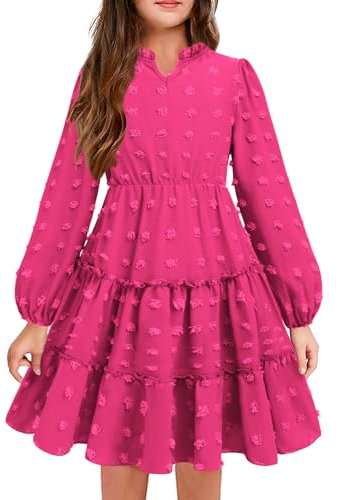 Arshiner Ragazze Abito A Maniche Lunghe Autunno in Chiffon Abito per Bambini Chic Vestito da Festa con Scollo A V Abiti per Bambini Volant Vestito Casual Vestito da Scuola Rosa Rosso 11-12 Anni