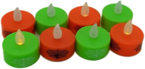 Booyah.UK Halloween LED 8 Pcs Flickering Flame Effect Glitter Flameless Tea Lights Candles, Warm White Lamp Tea Lights Battery LED Light (Batteries Included), Green and Orange Colours