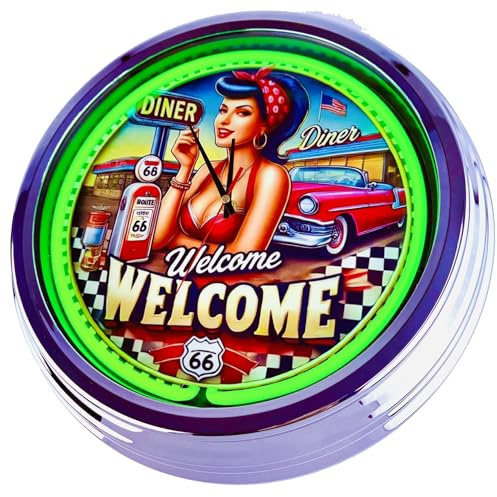 US-Way.de American Diner Nr. 2 WallClock Deko-Clock – 44 cm Durchmesser, Deko-Wanduhr ohne Tickgeräusche und gut lesbares Display, USA 50er-Jahre-Stil Neon-Uhr für Küche, Wohnzimmer, Büro (Grün)