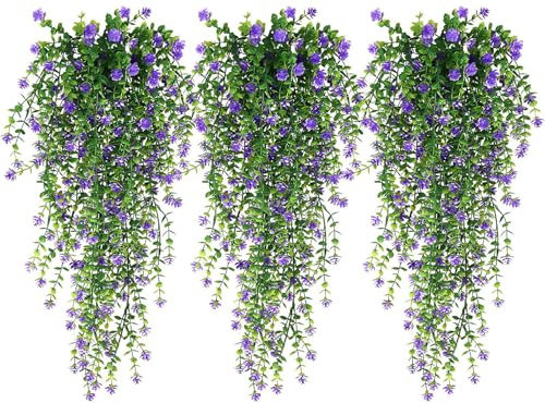 3 Pièces Plante Artificielle Tombante Blanc Fleurs, Artificielles Retombantes Plantes de Vigne, Artificielles deco Fausse Plante Tombante, pour Jardin Décoration Murale, Salon, Couloir (Vert + Violet)