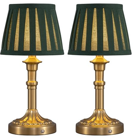 NEWSEE 2-Pack Rechargeable Cordless Table Lamp,Battery Operated Small Bedside Lamp with Fabric Shade,Stepless Dimming LED Touch Light for Living Room,Dining Room,Bedroom,Bathroom(Bronze+Green)