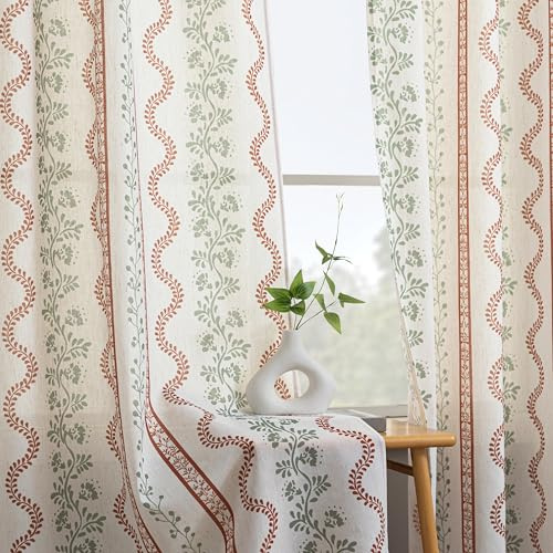 Böhmische Blumenvorhänge für Wohnzimmer, Boho-Leinen-Vorhänge für Schlafzimmer, 160 cm lang, Terrakotta und Grün