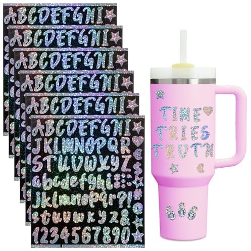 CIATBYYJ 6 Sheets Glitter Letter Stickers for Cup Waterproof Vinyl Letter Stickers Self Adhesive Shiny Name Tags Logo Alphabet Sticker for Water Bottles Scrapbooking DIY Crafts (Sliver)