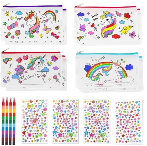 FeiOne Stoffbeutel Zum Bemalen, 12 Stück Einhorn Bastelset, Federmäppchen Zum Bemalen, Taschen Zum Bemalen Für Kinder, Kindergeburtstag Basteln, Einhorn Kindergeburtstag, Stofftaschen Zum Bemalen