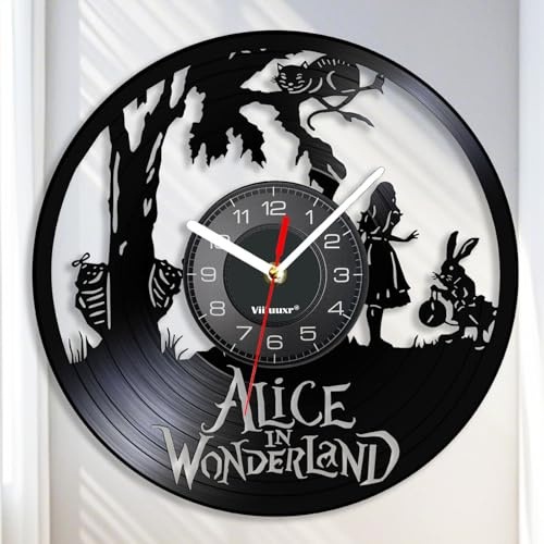 Viiluuxr 30cm Große Vinyl-Wanduhr mit Zeichentrickfilm-Themenreise im Wunderland, Geräuschlos Batteriebetrieben Niedliche Wanduhr für Kinder zur Heimdekoration Kreative Geschenkideen. (B-Schwarz)