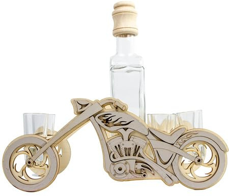 Motorrad mit Karaffe & Gläsern – Geschenk für Männer | Holz Deko für Alkohol | Whisky, Wodka | Vatertag, Geburtstages Geschenk|Bar Deko | für Papa, Freund, Biker