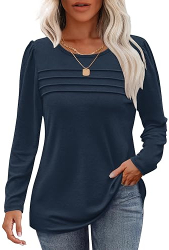 WNEEDU Sweatshirt Damen Langarmshirt Plissiert Rundhals Damen Pullover Top | Cloud Soft Sweatshirt Damen Biesen Falten Brust Elegante Schulter Details Vielseitiges Elegantes Oberteil Für Alltag