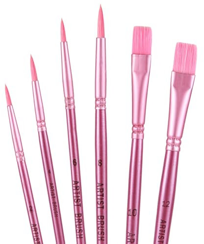 lasuroa 6pcs Paint Brushes Set, Pink Nylon Hair Paintbrushes for Acrylic Painting Round Pointed Tip & Flat Artist Brushes for Oil Watercolor Face Nail Body Art Miniature Detailing Rock Painting