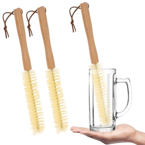 3Pcs Bottle Cleaning Brush Set Ergonomic Wooden Handle Water Bottle Brush with Nylon Bristles Reusable Water Cup Cleaner for Cleaning Cups, Coffee Mugs, Glasswares, Tumblers, Teapots