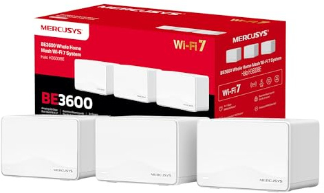 Mercusys, Halo H3600BE(3-Pack),Velocità ultra veloce a 3600 Mbps e copertura totale per una casa connessa. Ideale per streaming 8K, gaming senza lag e dispositivi multipli.