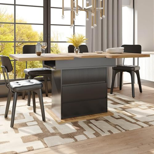 PUGSDRLY Table a Manger Extensible,Table Salle à Manger Rectangulaire 110-140×80x75cm avec Espace de Rangement,Moderne Minimaliste,pour Cuisine Salon et Bureau (Noir-A)