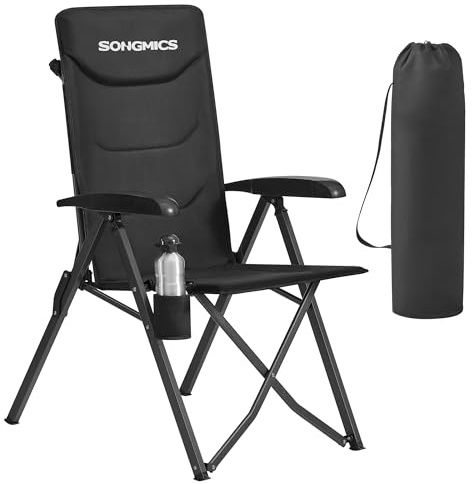 SONGMICS Silla de Camping para Adultos, Reclinable 95°-150°, Plegable, Respaldo Alto Ajustable, con Portavasos y Bolsa con Correa para el Hombro, Jardín, Pícnic, Pesca, Negro GCB015BZ01