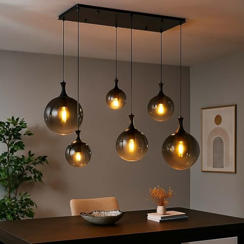 GLOBO Hängeleuchte 6-Flammig Pendelleuchte Rauchglas Kugelleuchte Esszimmerlampe, Metall schwarz, 6x E27 Fassung, LxBxH 97x48x141 cm