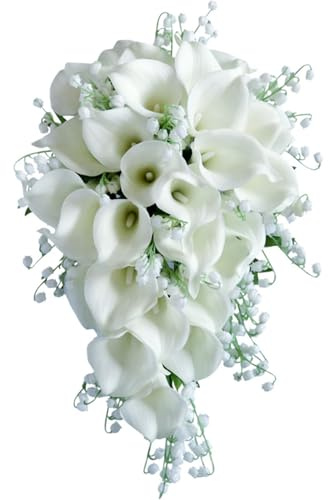 Faticenic Bridal Bouquet with White Calla Lilies - Realistic Wedding Bouquet for Bride, Elegant Cascading Silk Flowers for Ceremony & Home Decor, Bridal, Bouquets for Bride