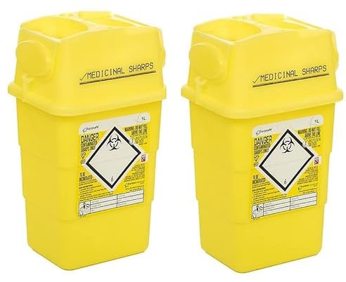 2X 1l Medical Sharps Bins - Disposable Syringe/Needle Biohazard Tubs