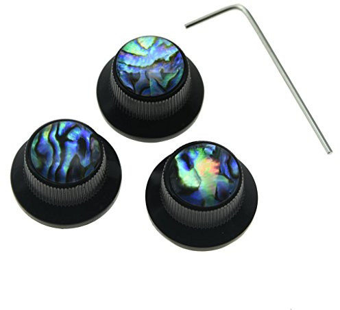 KAISH Set of 3 Set Screw Abalone Top Black Guitar Bass Knobs Strat Metal Knobs for 6mm Shaft Pots