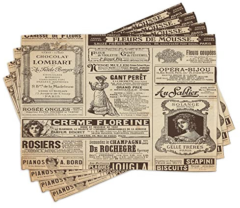 ABAKUHAUS Paris Platzmatten, Weinlese-altes historisches Zeitung Journal-französische Papierbeschriftungs-Kunst, Waschbare Stoff Esszimmer Küche Tischdekorations Digitaldruck, Armeegrün Beige