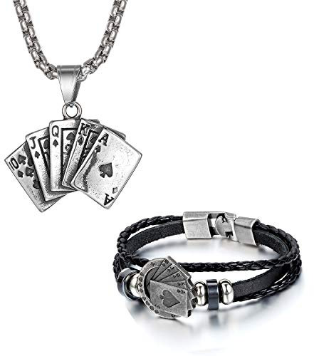 Flongo Herrenarmband Lederarmband Herren Kette Männer Anhänger Männer Armband Herren Armreif Leder Armband Anhänger Halskette mit Spielkarte Pik Royal Flush Poker Karten Schwarz Braun