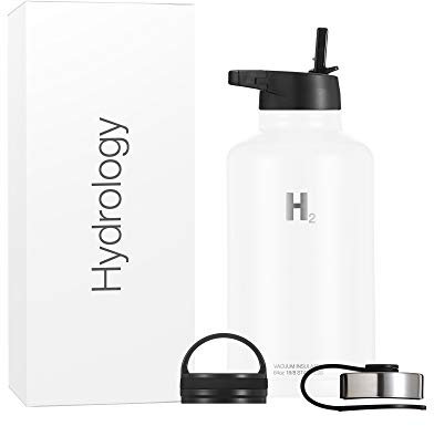 H2 HYDROLOGY Botella de agua – 18 onzas, 22 onzas, 32 onzas, 40 onzas o 64 onzas con 3 tapas, termo de acero inoxidable de doble pared aislado al vacío de boca ancha para deportes, caliente y frío (64