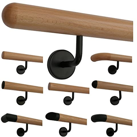 TIBU Buche Holz Handlauf Geländer 30-500cm im Set schwarze Halter Wandhandlauf Wand Treppe, Länge 80 cm mit 2 Halter Enden Halbkugeln gefräst