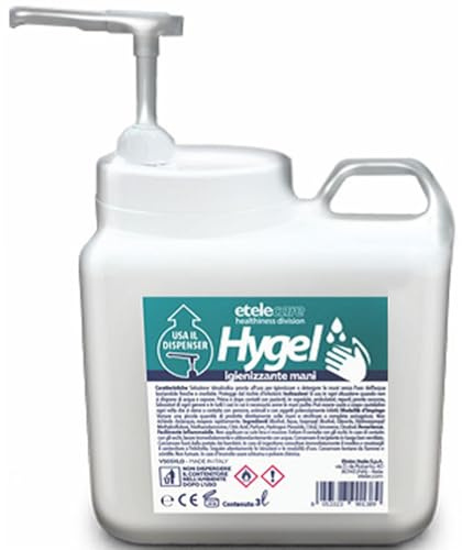 Etelec Hygel Tanica Gel Igienizzante Mani, Senz'acqua, Pronto Uso, Protezione Idroalcolica 72%, Made In Italy (VS03XLD (3 Litri Con Dosatore))