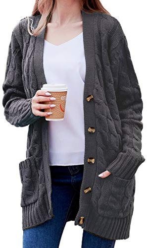 Women's Cable Knit Cardigan Sweater Open Front Button Down Cardigan with Pocket - Grey - Medium