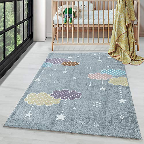 Kinderteppich Mond- und Stern Design Pflegeleicht Teppich Kinderzimmer, Farbe: Grau, Größe: 80 x 150 cm
