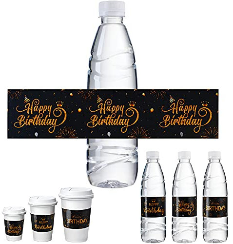 30 Pcs Étiquettes de Bouteille d'Eau Happy Birthday, Stickers d'Emballage de Bouteilles d'Eau Imperméables Joyeux Anniversaire Autocollants de Bouteille Personnalisés pour Fête (Or Noir)