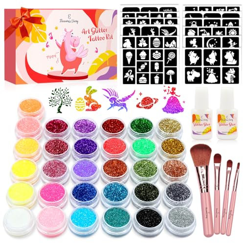 Glitzer Tattoo Set Mädchen, Tattoo Kinder, Eleanore's Diary 31 Biologisch abbaubarer Glitzer, Temporäre Tattoo Kit, Glitzertattoos Kinder Set, 165 Schablonen, 4 Pinsel, 2 Kleber, Geschenk Mädchen ab 3