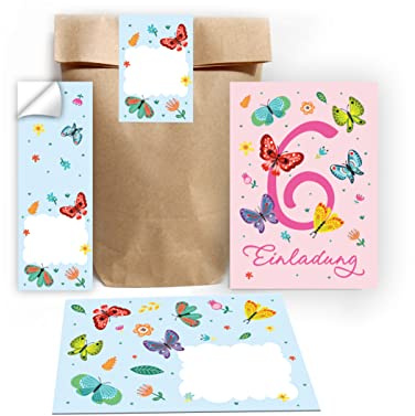 Junapack 12 Einladungskarten zum 6. Kindergeburtstag sechste Geburtstag Mädchen Schmetterlinge incl. 12 Umschläge, 12 Tüten/Natur, 12 Aufkleber