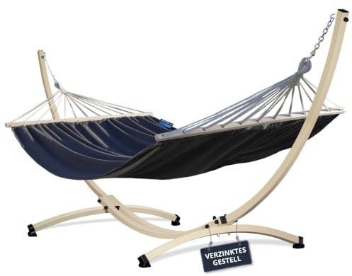 Potenza Outdoor Hängematte mit Gestell für 2 Personen I Stabhängematte XXL 220x160, 200kg I Verzinkter Hängemattengestell 220kg Wetterfest (Grau, Gestell Ecru)